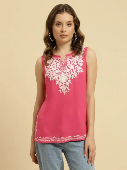 Pink Sleeveless Short Kurti