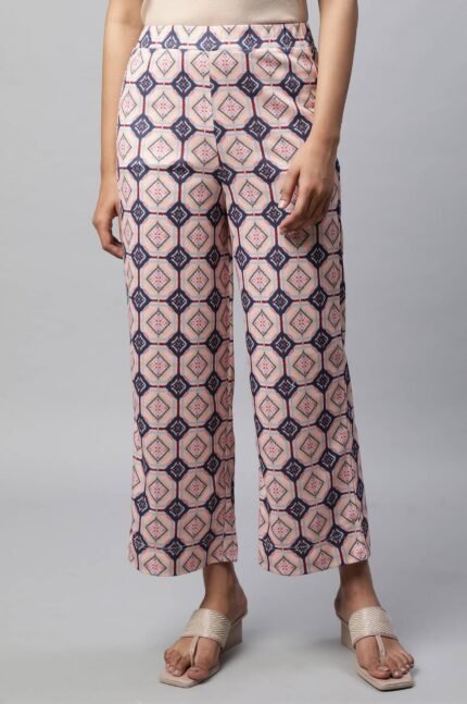 Pink Geometric Printed Straight Fit Palazzo With Elasticated Waist